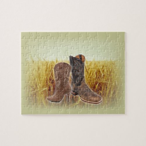 Wheat Field western country cowboy boots Jigsaw Puzzle