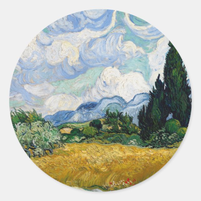 Wheat Field with Cypresses Round Sticker (Front)