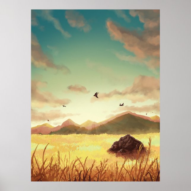 Wheat fields at sunrise poster (Front)