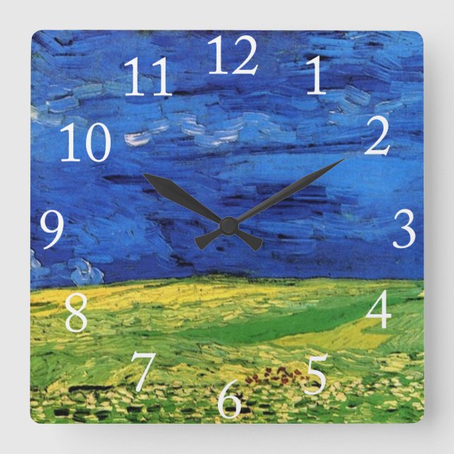 Wheat Fields Under Clouded Sky Van Gogh Square Wall Clock (Front)