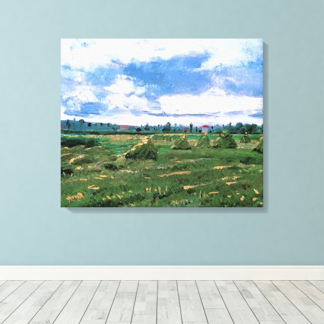 Wheat Fields with Haystacks by Vincent van Gogh Canvas Print (Insitu(Wood Floor))