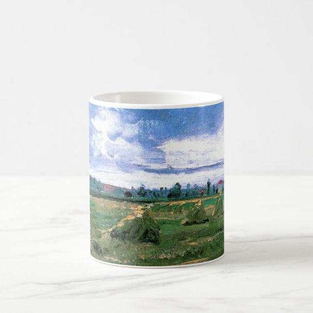 Wheat Fields with Haystacks by Vincent van Gogh Coffee Mug (Center)