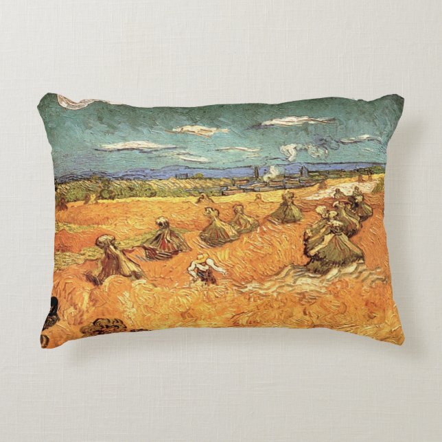 Wheat Stacks with Reaper by Vincent van Gogh Accent Pillow (Front)