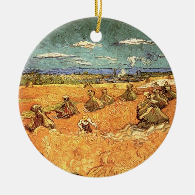 Wheat Stacks with Reaper by Vincent van Gogh Ceramic Ornament (Front)
