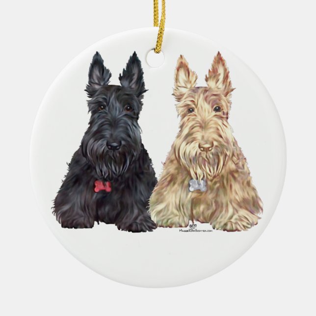 Wheaten and Black Scottie Dogs Ceramic Ornament (Front)