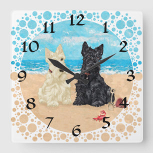 Wheaten & Black Scotties at the Beach Square Wall Clock