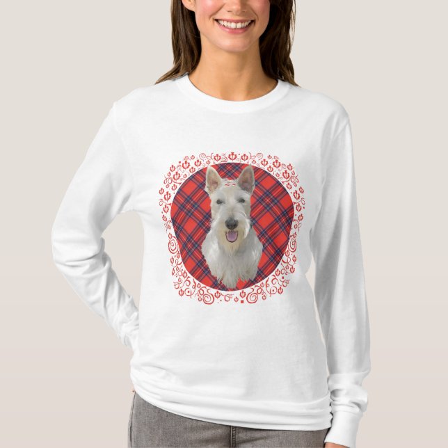 Wheaten Scottish Terrier on Tartan T-Shirt (Front)