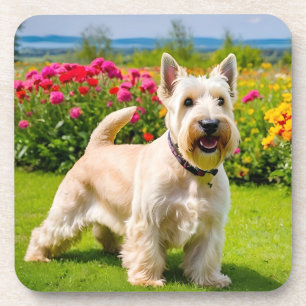 Wheaten Scottish Terrier playing in Flowers Grass Beverage Coaster