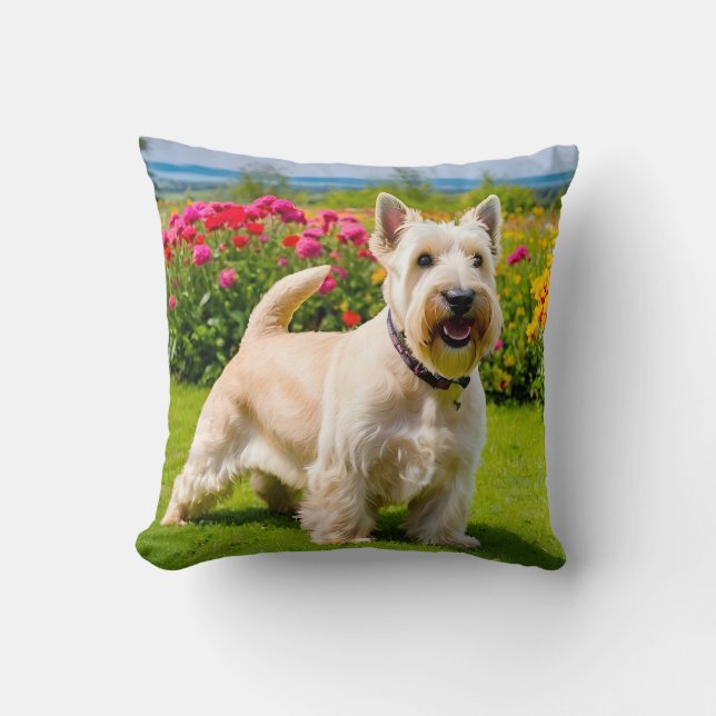 Wheaten Scottish Terrier playing in Flowers Grass Throw Pillow (Front)