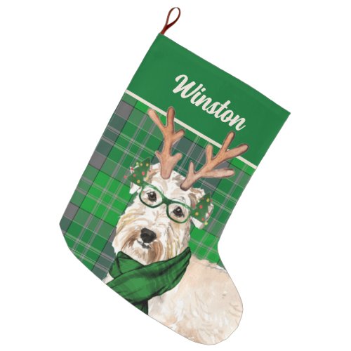 Wheaten Terrier and Green Plaid with Dogs Name Large Christmas Stocking
