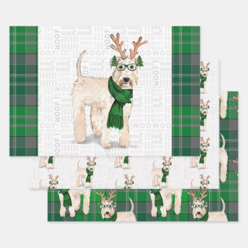 Wheaten Terrier Christmas Dog and Green Plaid Wrapping Paper Sheets