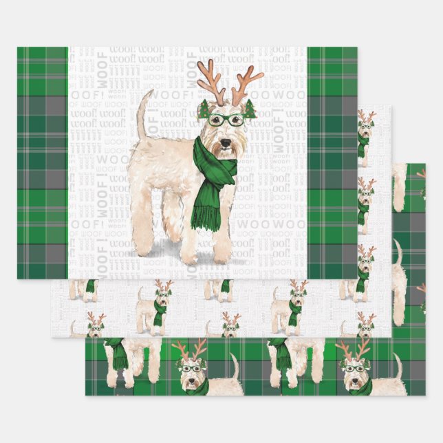 Wheaten Terrier Christmas Dog and Green Plaid Wrapping Paper Sheets (Set)