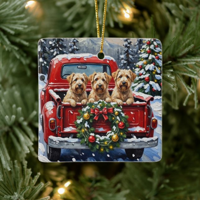Wheaten Terrier Christmas Red Truck Holiday Gift Ceramic Ornament (Tree)