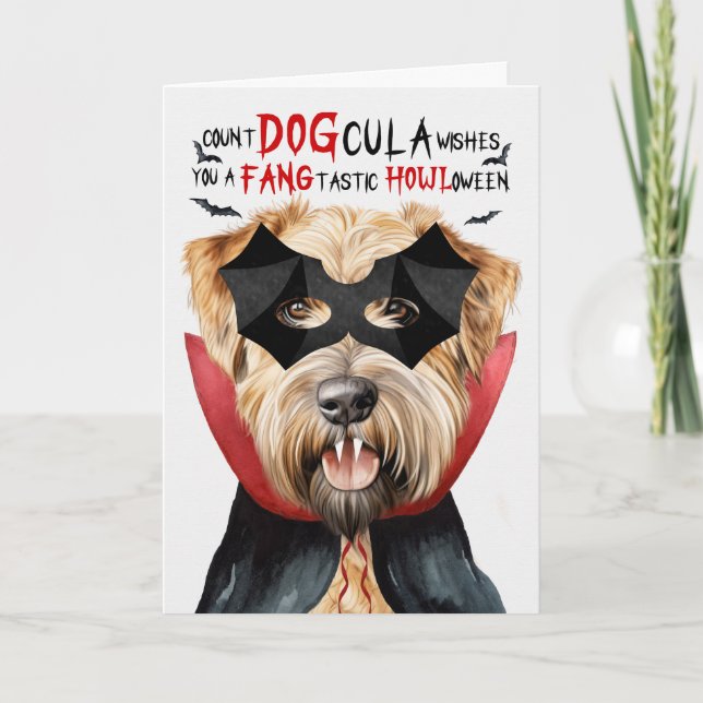 Wheaten Terrier Dog Funny Count DOGcula Halloween Holiday Card (Front)