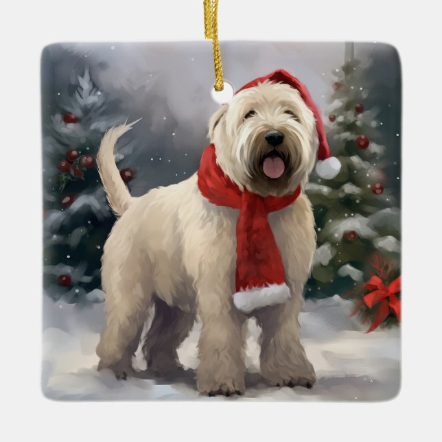 Wheaten Terrier Dog in Snow Christmas Ceramic Ornament (Front)