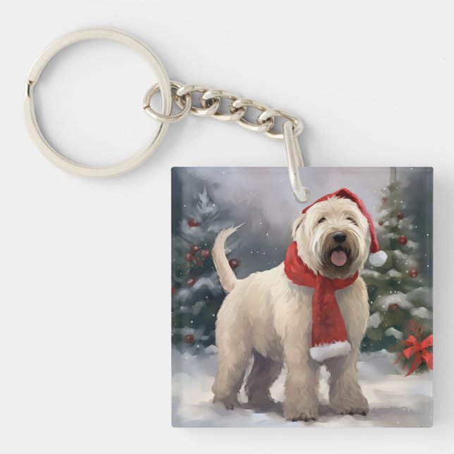 Wheaten Terrier Dog in Snow Christmas Keychain (Front)