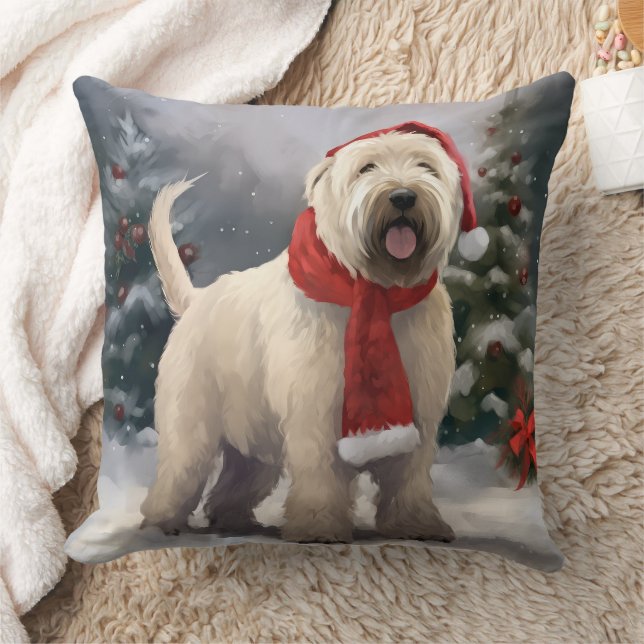 Wheaten Terrier Dog in Snow Christmas Throw Pillow (Blanket)