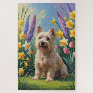 Wheaten Terrier Dog Spring Flowers Painting Jigsaw Puzzle