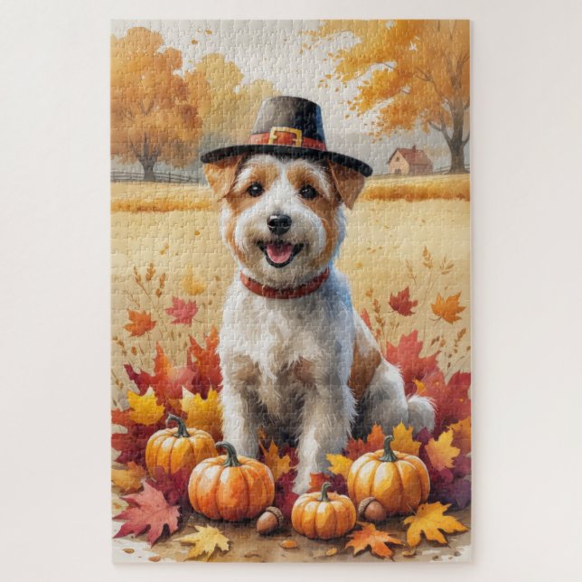 Wheaten Terrier In Autumn Leaves Thanksgiving Art Jigsaw Puzzle (Vertical)