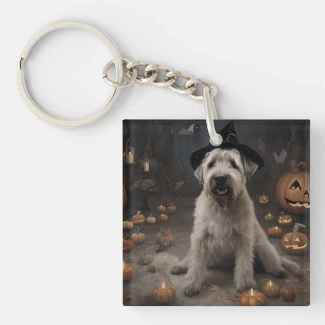 Wheaten Terrier Pumpkins Halloween Scary Keychain (Front)