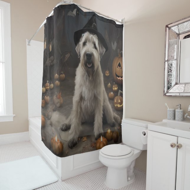 Wheaten Terrier Pumpkins Halloween Scary Shower Curtain (In Situ)