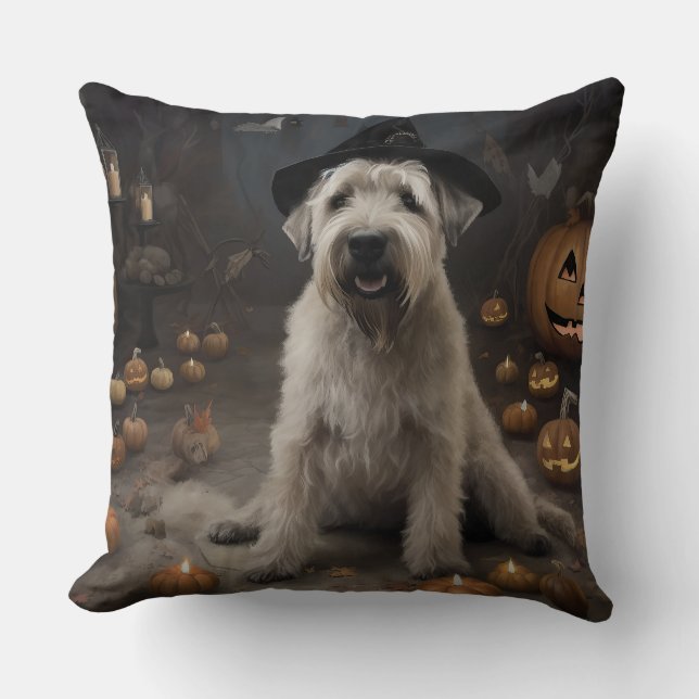 Wheaten Terrier Pumpkins Halloween Scary Throw Pillow (Front)