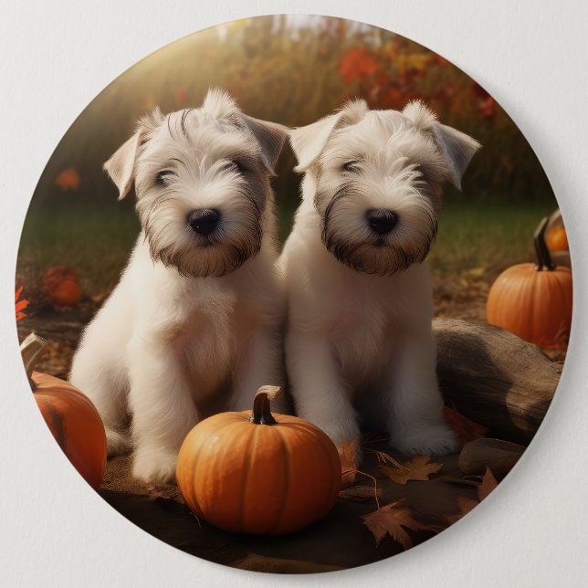 Wheaten Terrier Puppy Autumn Delight Pumpkin Button (Front)