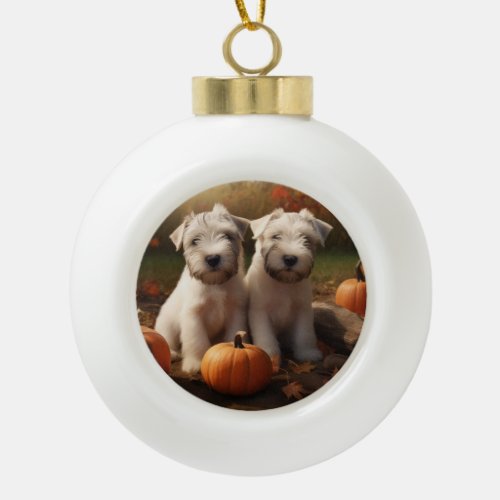 Wheaten Terrier Puppy Autumn Delight Pumpkin Ceramic Ball Christmas Ornament