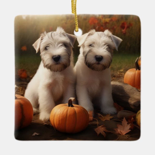 Wheaten Terrier Puppy Autumn Delight Pumpkin Ceramic Ornament (Front)