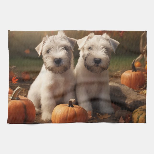 Wheaten Terrier Puppy Autumn Delight Pumpkin Kitchen Towel (Horizontal)