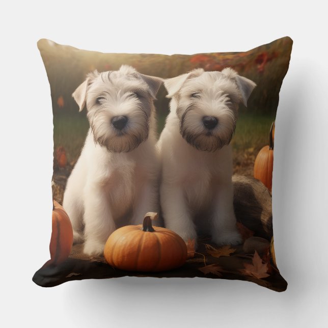 Wheaten Terrier Puppy Autumn Delight Pumpkin Throw Pillow (Front)