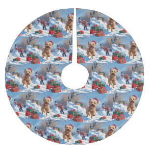 Wheaten Terrier Running in Snow with Christmas Hat Brushed Polyester Tree Skirt