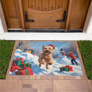 Wheaten Terrier Running in Snow with Christmas Hat Doormat