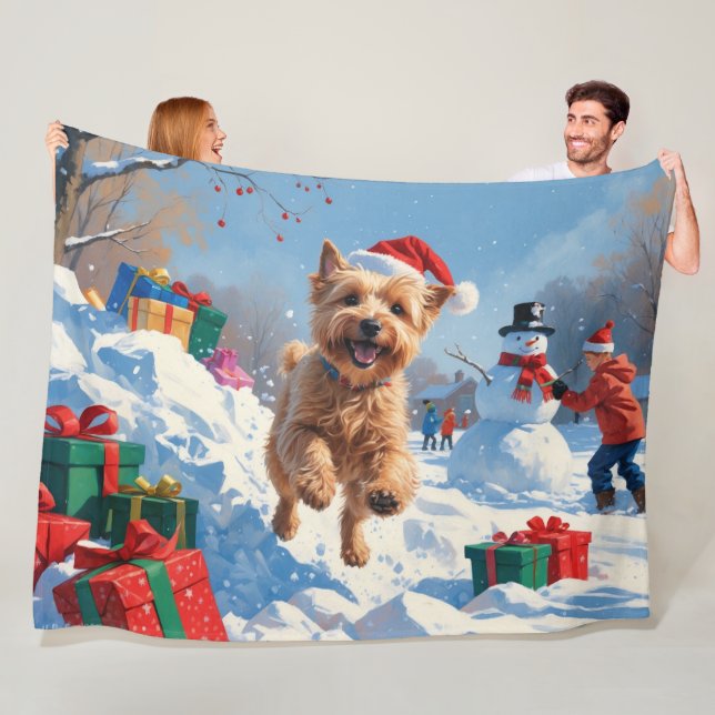 Wheaten Terrier Running in Snow with Christmas Hat Fleece Blanket (In Situ)