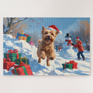 Wheaten Terrier Running in Snow with Christmas Hat Jigsaw Puzzle