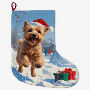 Wheaten Terrier Running in Snow with Christmas Hat Large Christmas Stocking