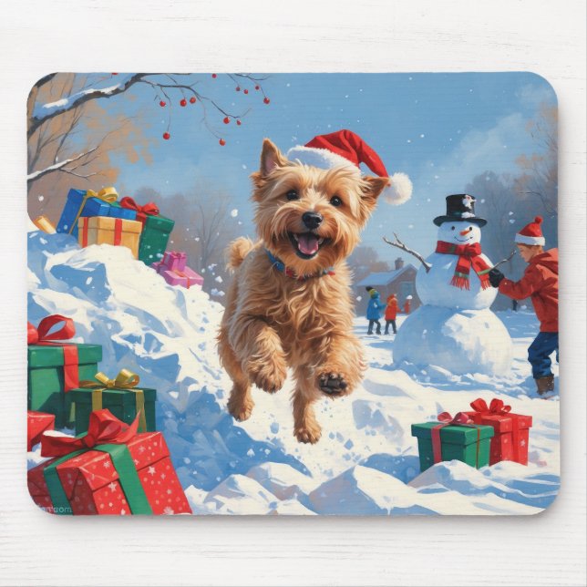 Wheaten Terrier Running in Snow with Christmas Hat Mouse Pad (Front)