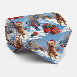 Wheaten Terrier Running in Snow with Christmas Hat Neck Tie
