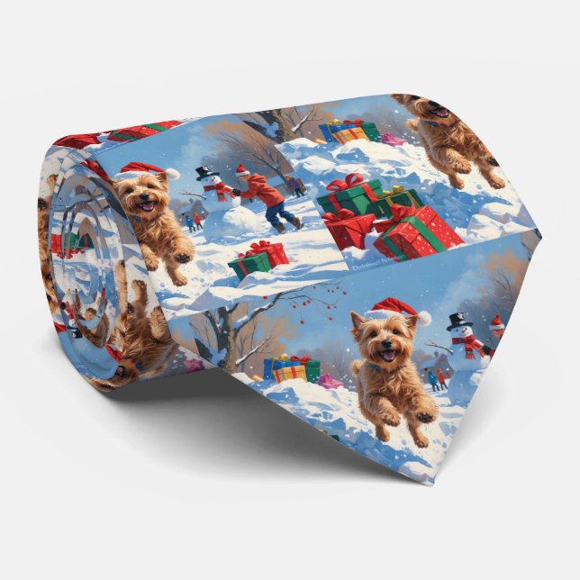 Wheaten Terrier Running in Snow with Christmas Hat Neck Tie (Rolled)