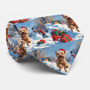 Wheaten Terrier Running in Snow with Christmas Hat Neck Tie