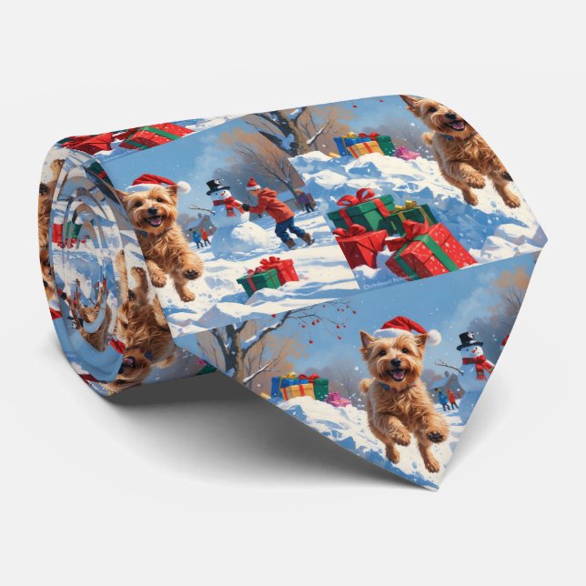 Wheaten Terrier Running in Snow with Christmas Hat Neck Tie (Rolled)
