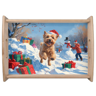Wheaten Terrier Running in Snow with Christmas Hat Serving Tray