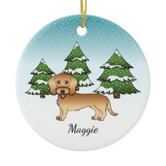 Wheaten Wire Haired Dachshund In A Winter Forest Ceramic Ornament