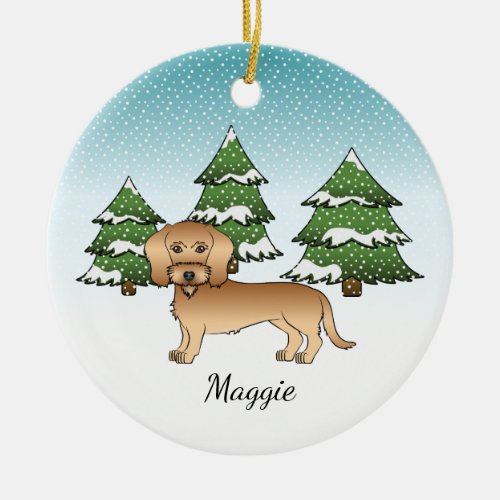 Wheaten Wire Haired Dachshund In A Winter Forest Ceramic Ornament