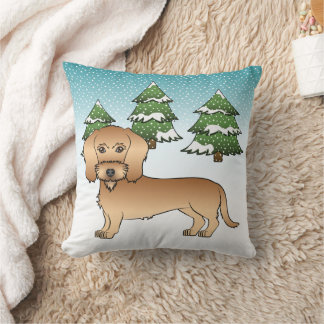 Wheaten Wire Haired Dachshund In A Winter Forest Throw Pillow