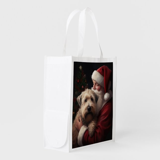 Wheaton Terrier With Santa Claus Festive Christmas Grocery Bag (Front Side)