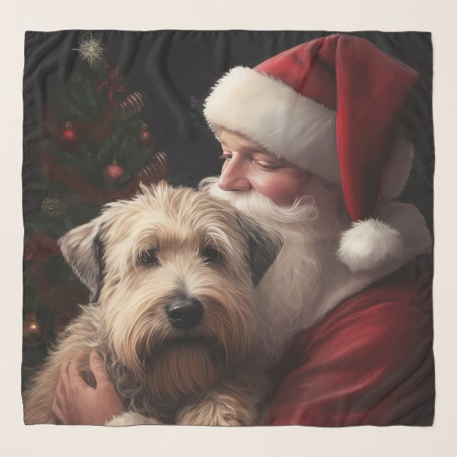 Wheaton Terrier With Santa Claus Festive Christmas Scarf (Front)