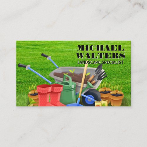 Wheel Barrow Gardening Tools  Grass Background Business Card