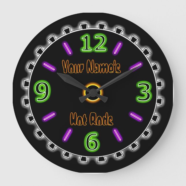 Wheel Cool Faux Neon #2 (Personalized Wall Clock) Large Clock (Front)