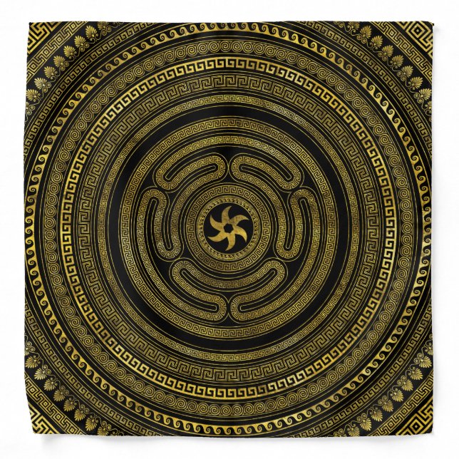 Wheel of Hecate Greek Key Black and Gold Bandana (Front)